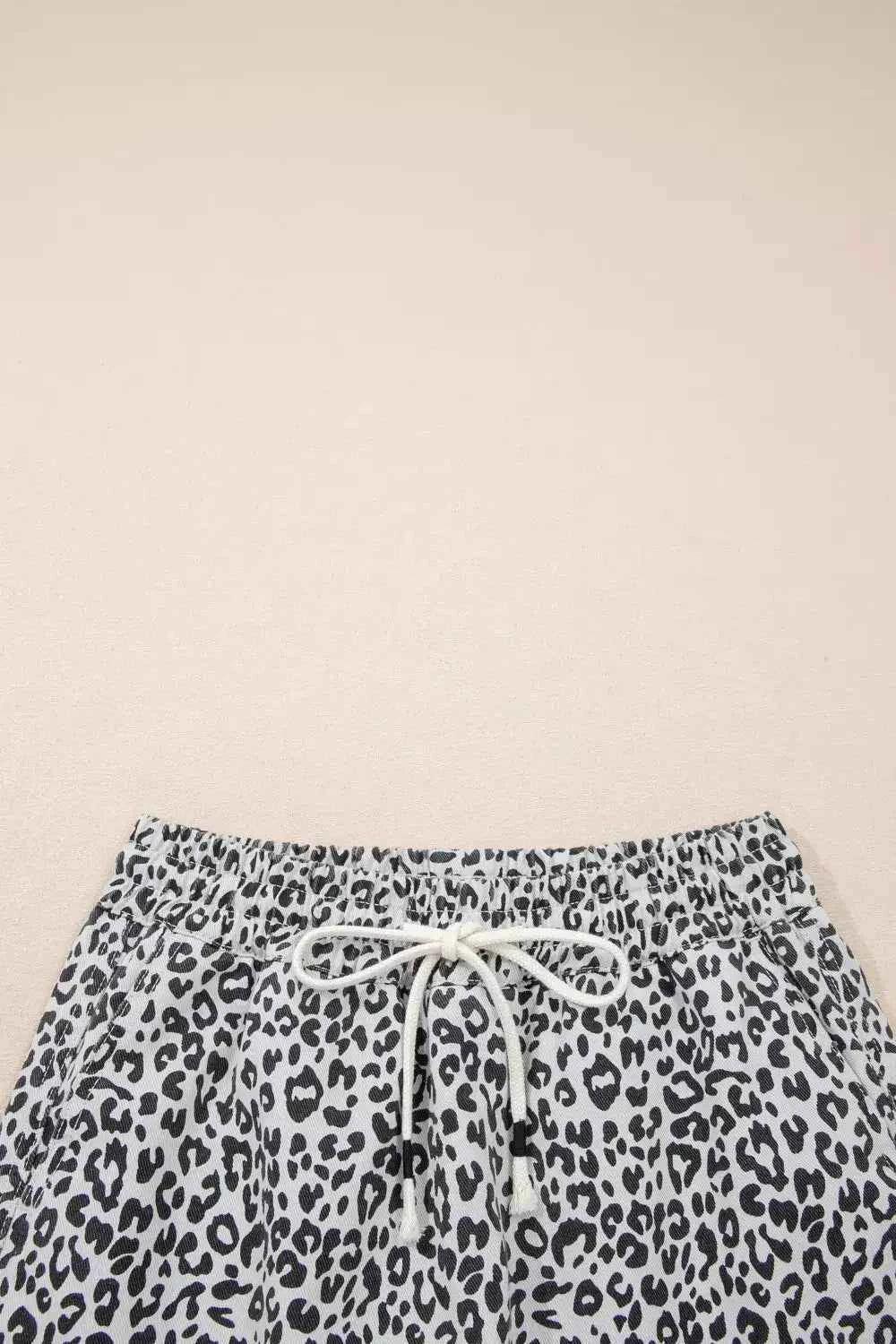 Leopard Print Tassel Drawstring Casual Denim Skort--Splashis