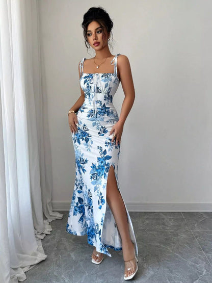 Printed Tie Strap Slit Maxi Dress-Maxi Dress.-Splashis-Color:Light Blue-Size:XL-Splashis