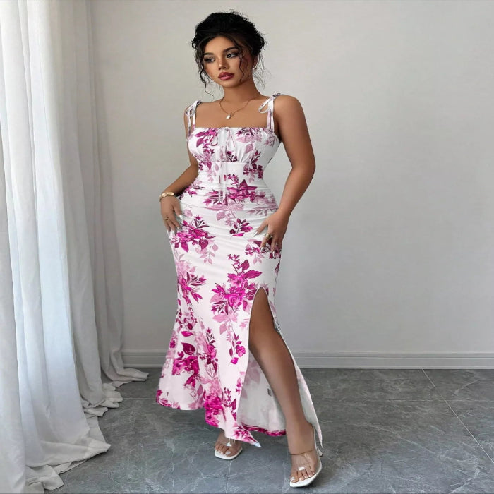 Printed Tie Strap Slit Maxi Dress-Maxi Dress.-Splashis-Color:Hot Pink-Size:XL-Splashis