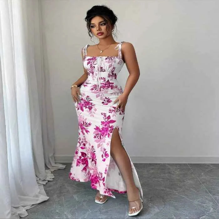 Printed tie strap slit maxi dress — primary view Main image