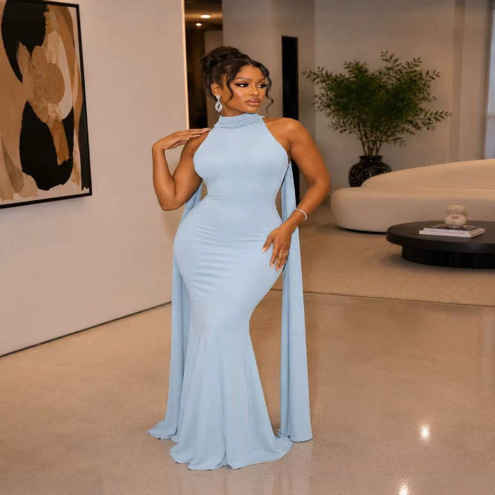 Halter-neck fishtail evening gown with cape — primary view Main image