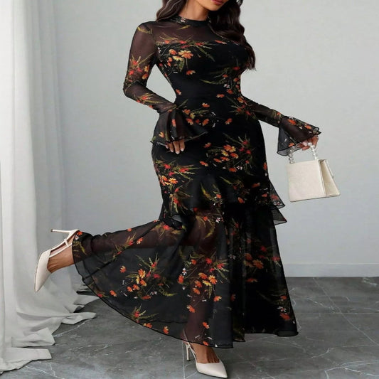 Floral Print Flounce Sleeve Mermaid Maxi Dress--Splashis-Color:Black-Size:XL-Trendsi