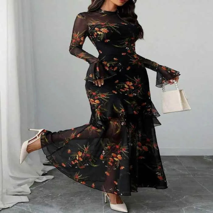 Floral flounce sleeve mermaid maxi dress — primary view Main image