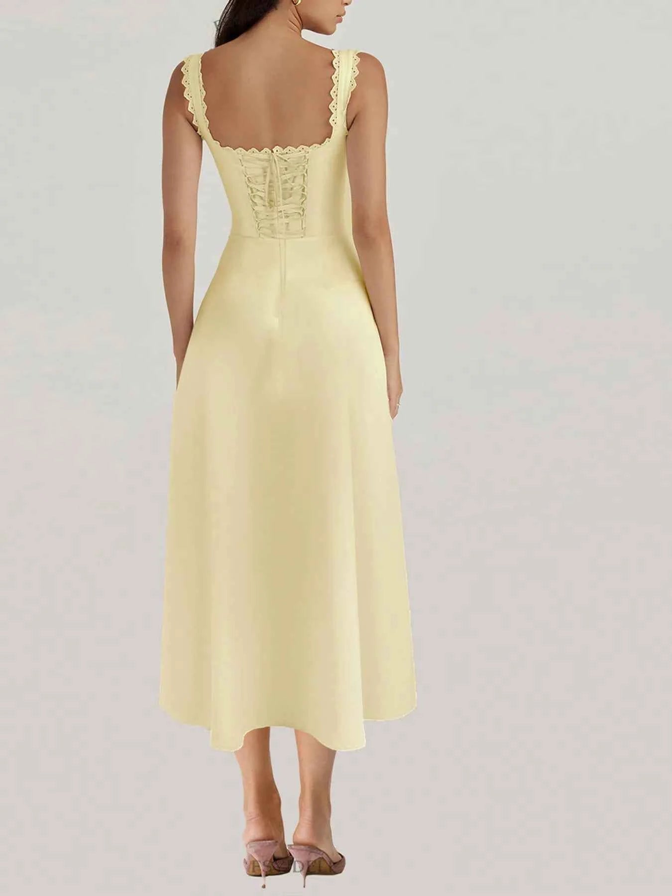 Scalloped V-Neck Midi Dress with Back Lace-Up Secondary image