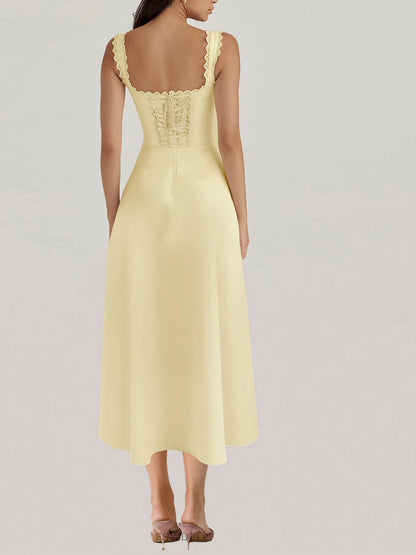 Scalloped V-Neck Midi Dress with Back Lace-Up--Splashis-Trendsi