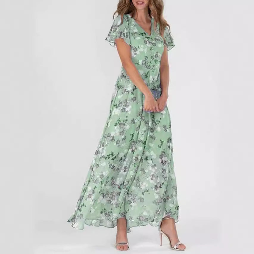 Floral Print Off-Shoulder Chiffon Maxi Dress - Splashis