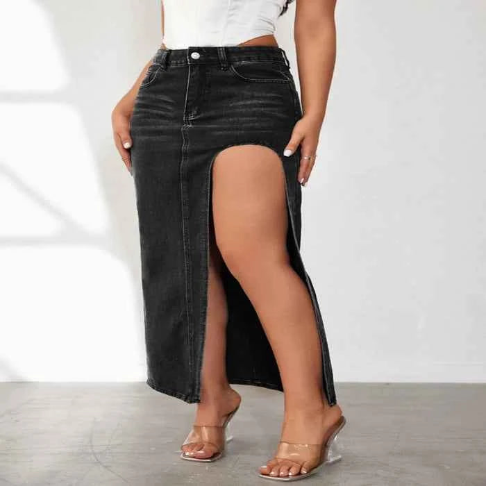 High-rise denim skirt with side slit — primary view Huvudsaklig produktbild