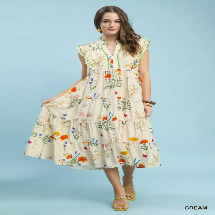  Floral Ruffle Tiered Midi Dress with Scalloped Detail--Splashis-Color:CREAM-Size:L-M-S