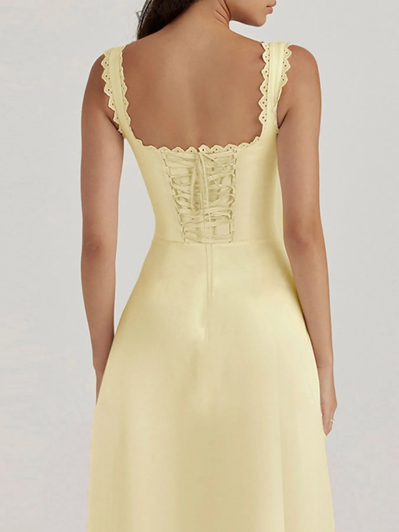 Scalloped V-Neck Midi Dress with Back Lace-Up--Splashis-Trendsi