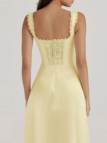 Scalloped V-Neck Midi Dress with Back Lace-Up--Splashis-Trendsi