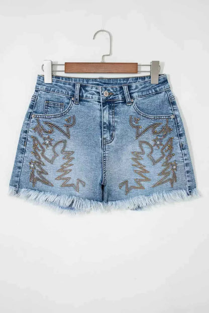 Western Embroidery Stud Denim Shorts - Splashis