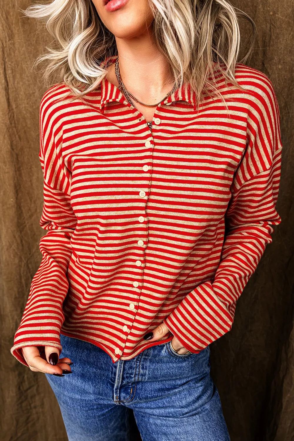Model wearing the Stripe Striped Button Collar Long Sleeve Knit Cardigan Main image