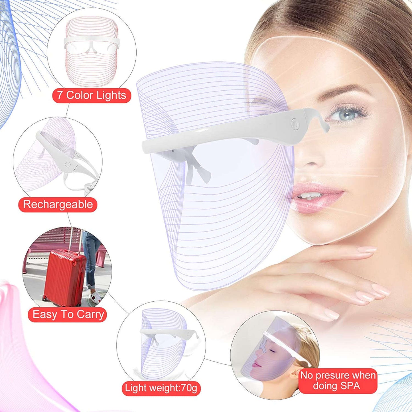 7-Color LED Photon Facial Mask Splashis 470nm blue light 630nm red light 7 color LED mask 7 wavelength LED 90g face mask ABS face mask acne light therapy acne mask device acne treatment mask affordable LED mask anti-aging device anti-aging face