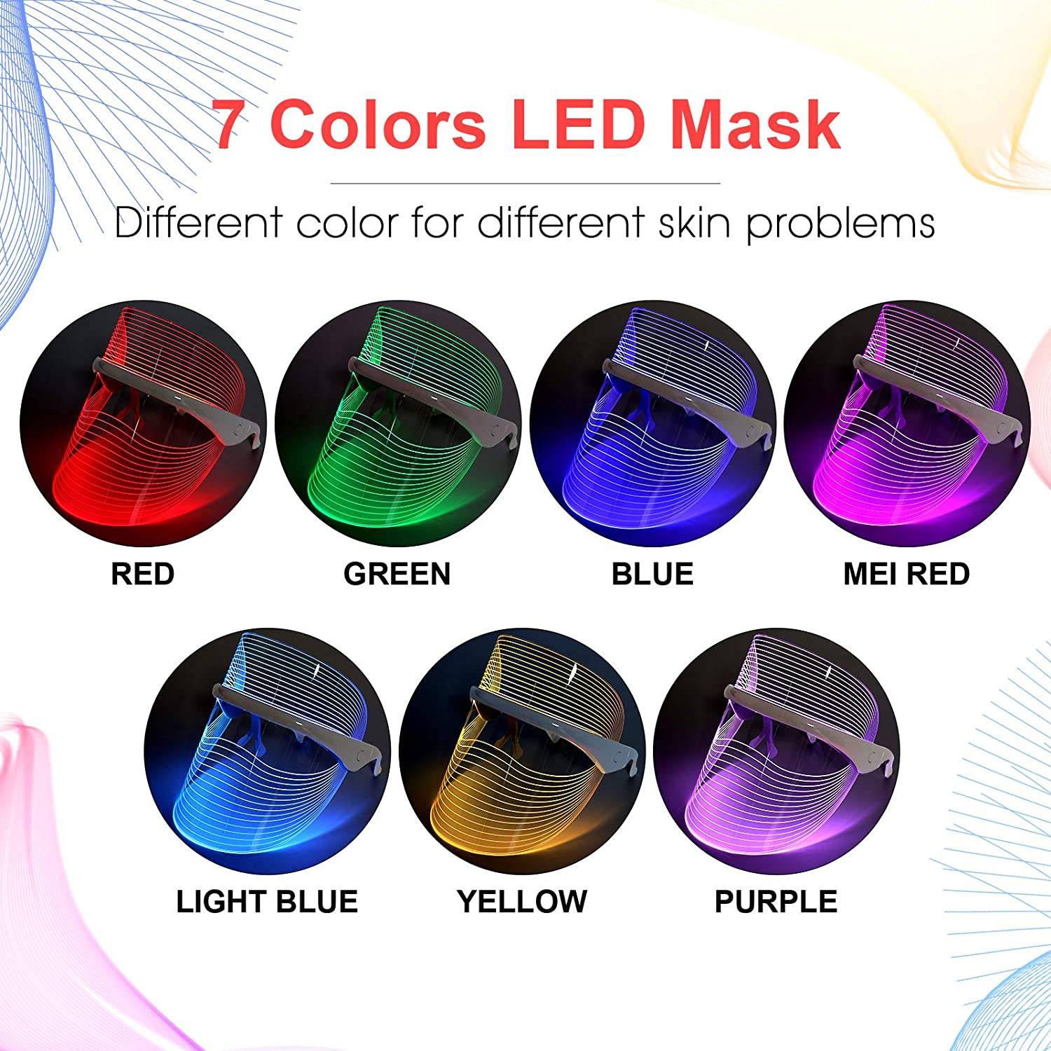 7-Color LED Photon Facial Mask Splashis 470nm blue light 630nm red light 7 color LED mask 7 wavelength LED 90g face mask ABS face mask acne light therapy acne mask device acne treatment mask affordable LED mask anti-aging device anti-aging face