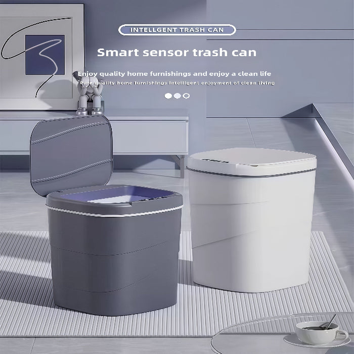 Two trash cans, one gray and one white, with a smart sensor feature on a modern kitchen floor. Hauptbild