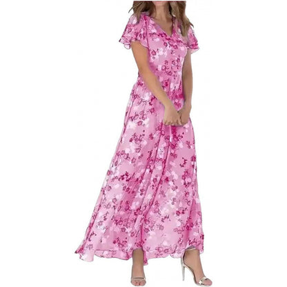 Floral Print Off-Shoulder Chiffon Maxi Dress - Splashis