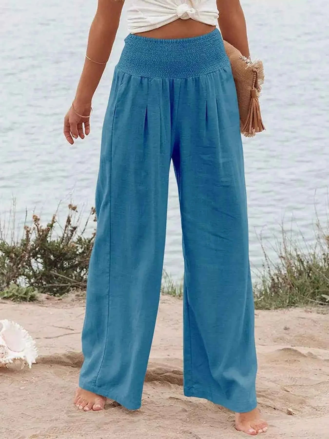 Smocked High Waisted Wide Leg Pants for Effortless Style and Comfort - Splashis