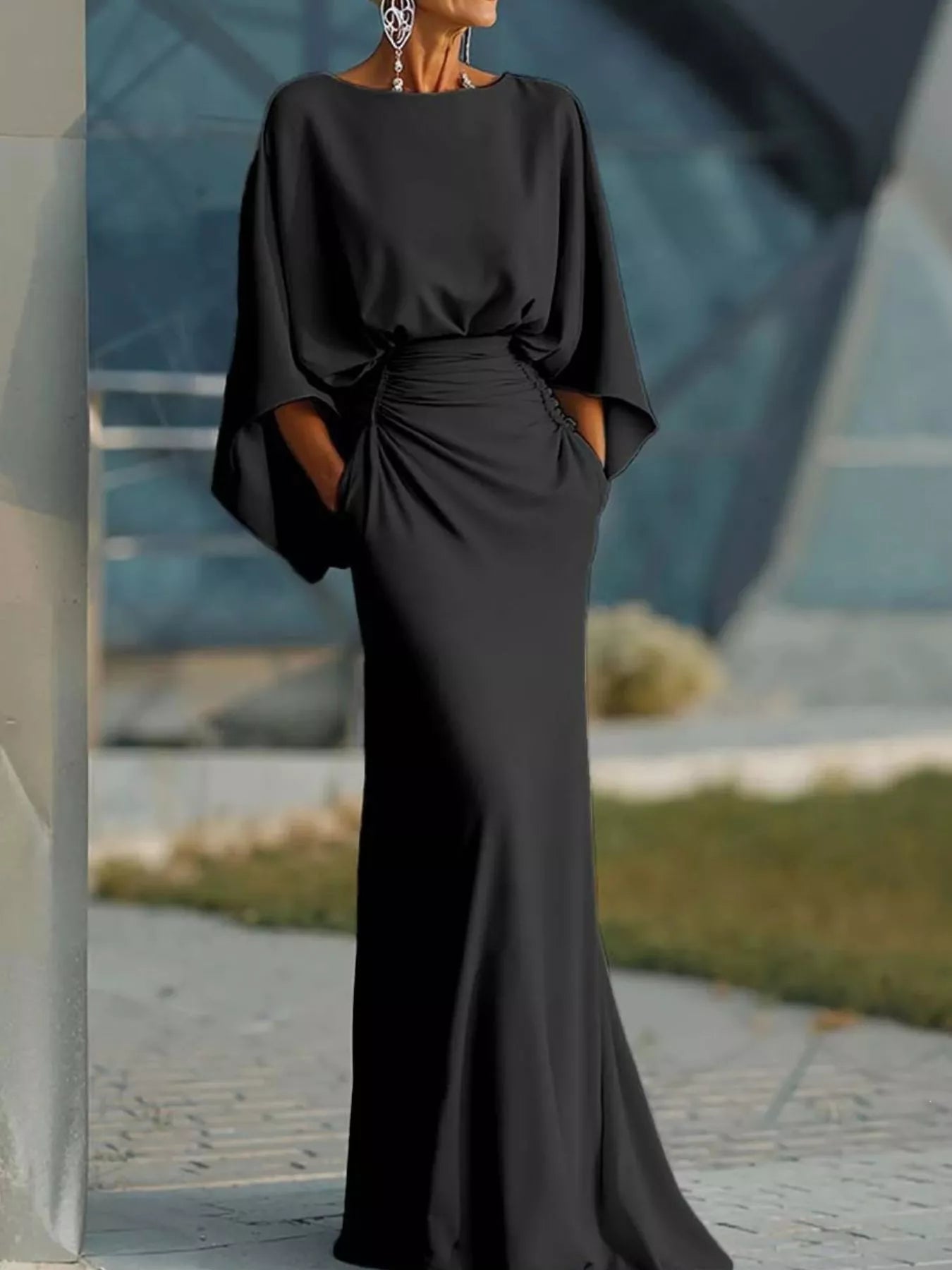 Batwing Sleeve Ruched Maxi Dress-Maxi Dress.-Splashis-Color:Black-Size:2XL-Splashis