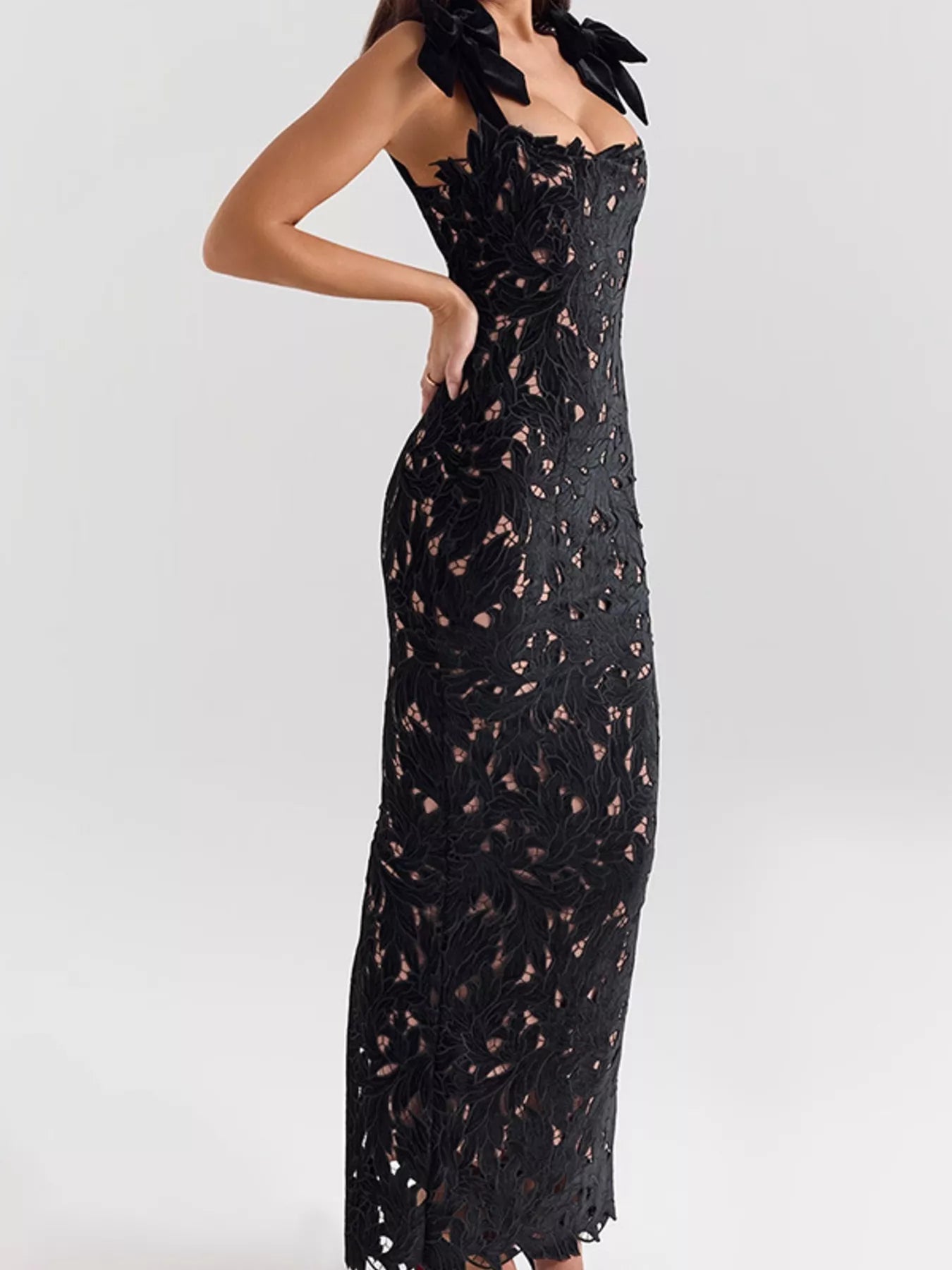 Lace Cutout Tie Shoulder Maxi Dress with Side Slit-Formal + Evening Dresses-Splashis-Splashis