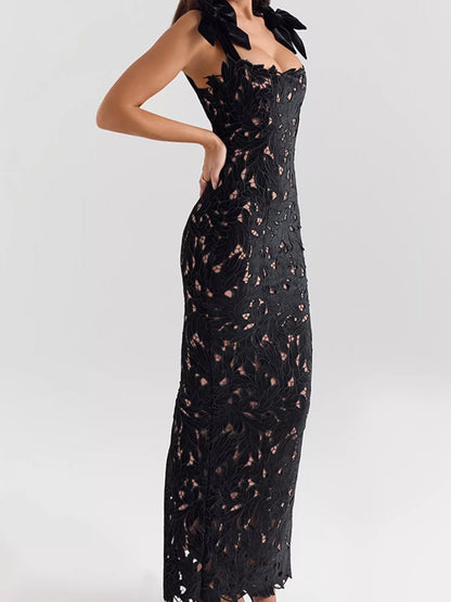 Lace Cutout Tie Shoulder Maxi Dress with Side Slit-Formal + Evening Dresses-Splashis-Splashis