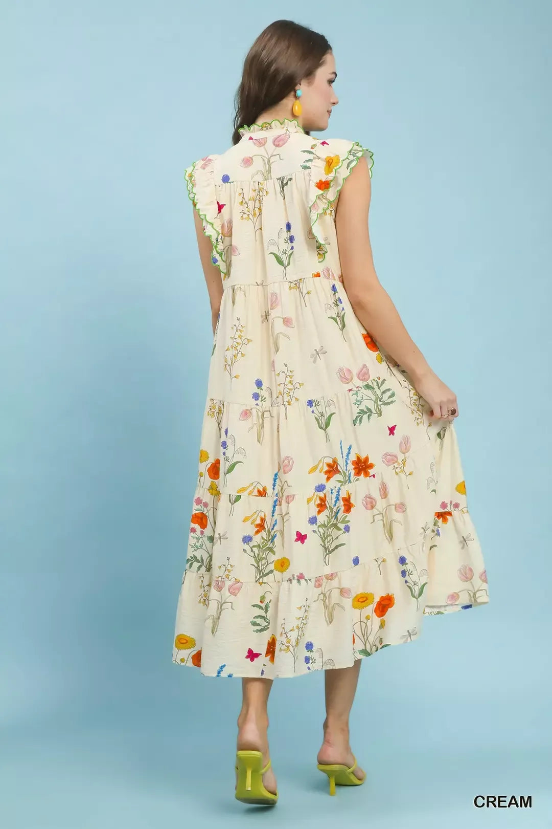 Umgee Floral Ruffle Tiered Midi Dress with Scalloped Detail--Splashis-Trendsi
