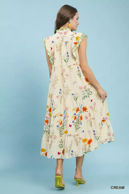Umgee Floral Ruffle Tiered Midi Dress with Scalloped Detail--Splashis-Trendsi
