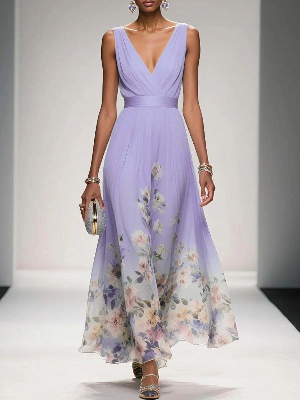 V-neck slim-fit chiffon evening gown — additional view 12