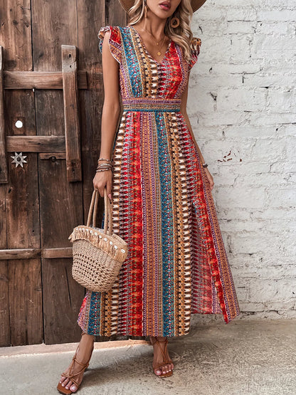 Boho Print Ruffle Sleeve Slit Dress-Casual Dresses-Splashis-Splashis