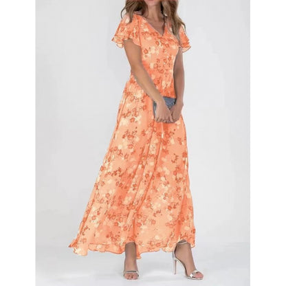 Floral Print Off-Shoulder Chiffon Maxi Dress - Splashis