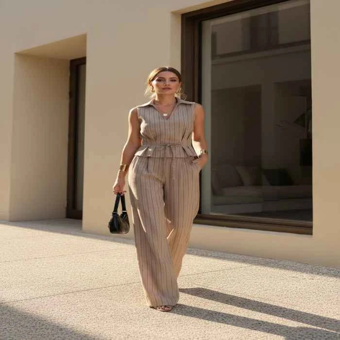 Sleeveless striped top set — primary view 主图