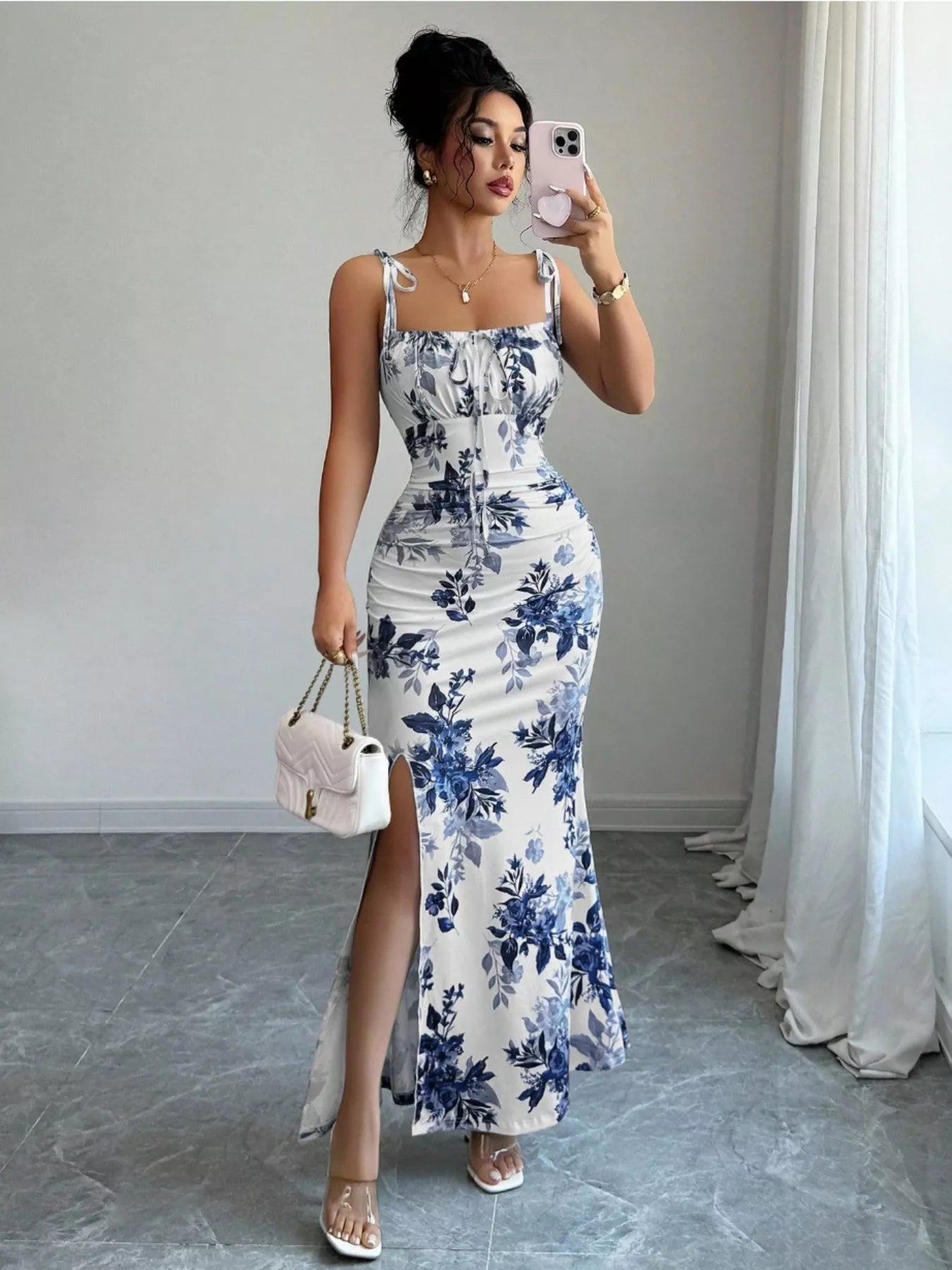 Printed Tie Strap Slit Maxi Dress-Maxi Dress.-Splashis-Color:Peacock  Blue-Size:XL-Splashis