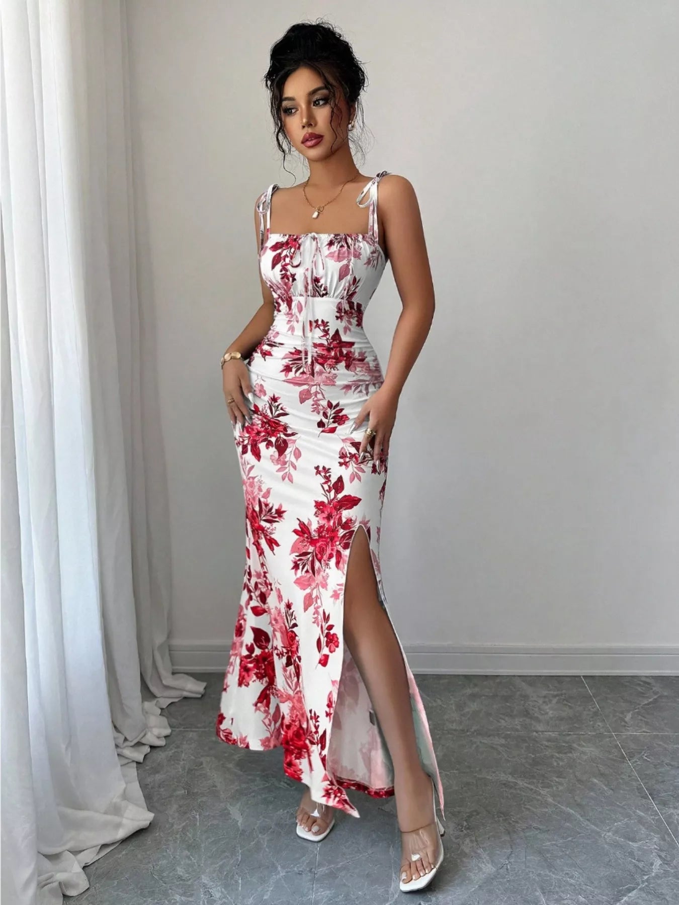 Printed Tie Strap Slit Maxi Dress-Maxi Dress.-Splashis-Splashis