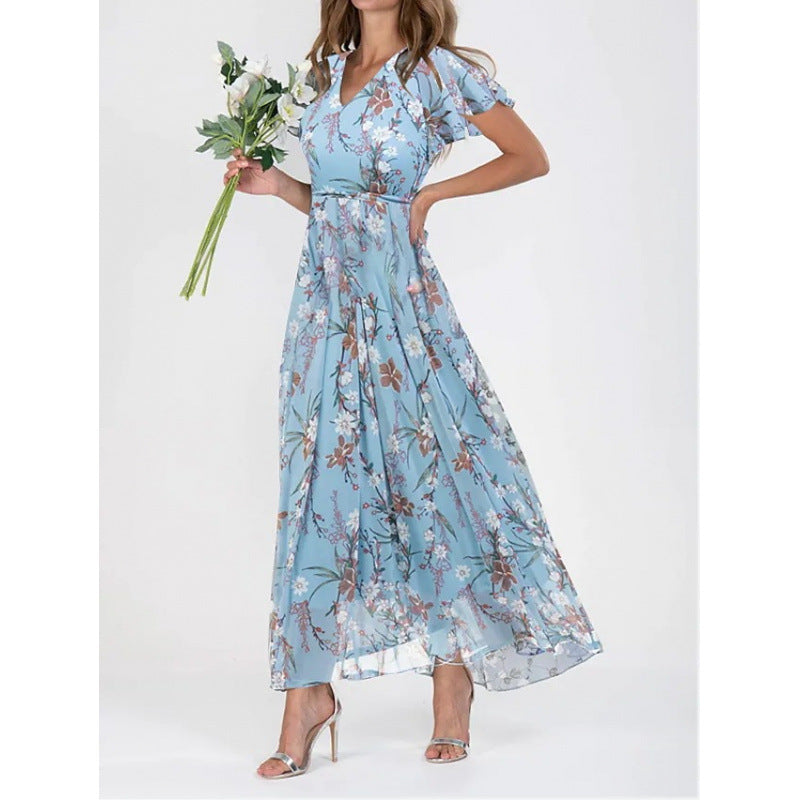 Floral Print Off-Shoulder Chiffon Maxi Dress - Splashis
