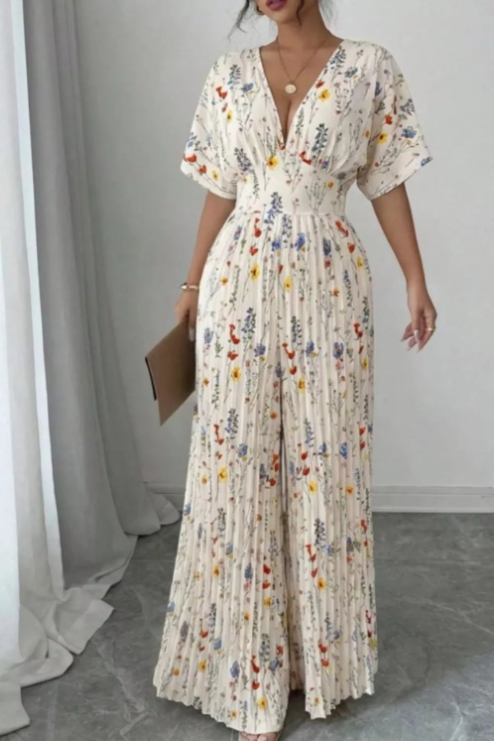 Pleated Floral Print Wide Leg Jumpsuit-Jumpsuit-Splashis-Splashis