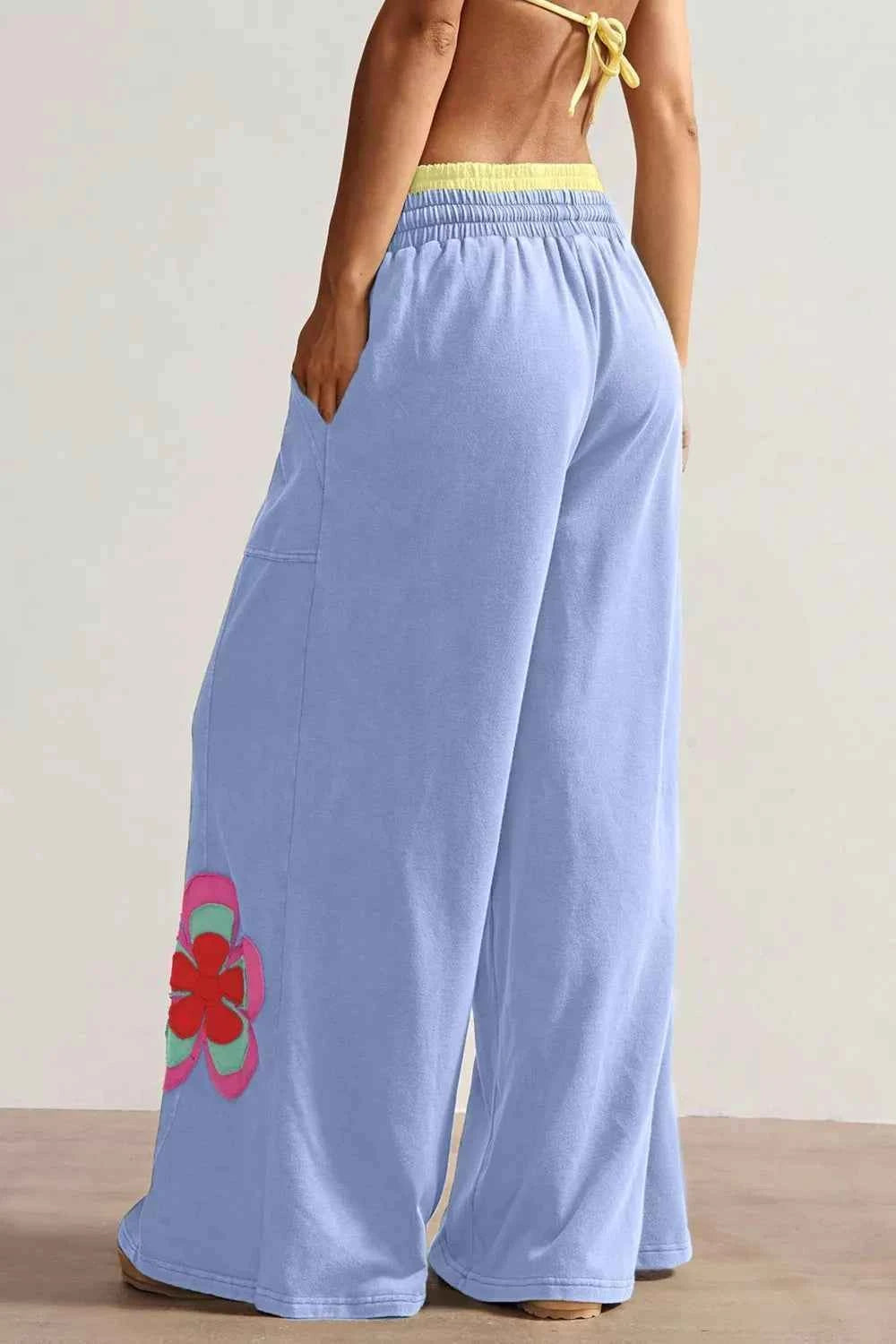 Color Block Wide Leg Pants with Flower Patchwork and Drawstring Waist for Ultimate Comfort - Splashis