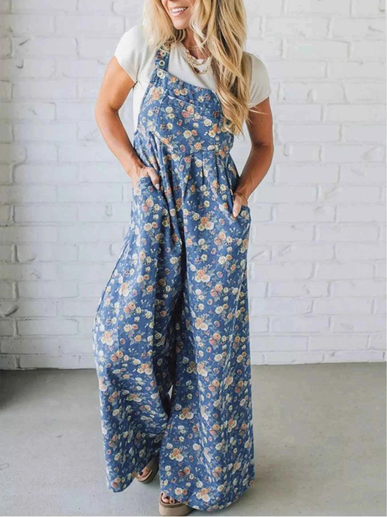 Floral Print Wide Leg Denim Overalls サブ画像