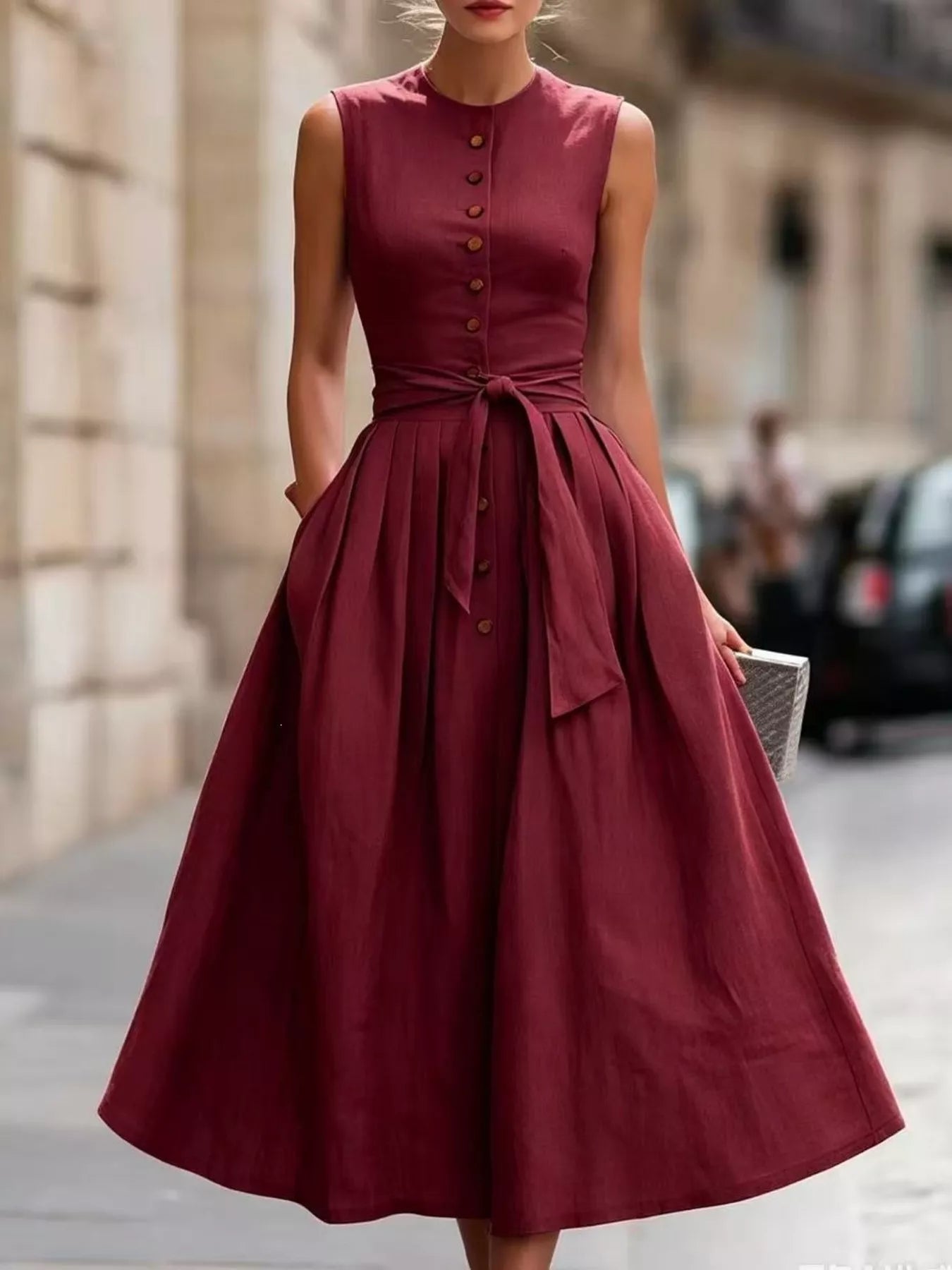 Full Size Sleeveless Button-Front Belted Midi Dress Plus Size Secondary image