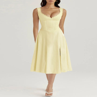 Scalloped V-Neck Midi Dress with Back Lace-Up--Splashis-Color:Yellow-Size:L-Trendsi