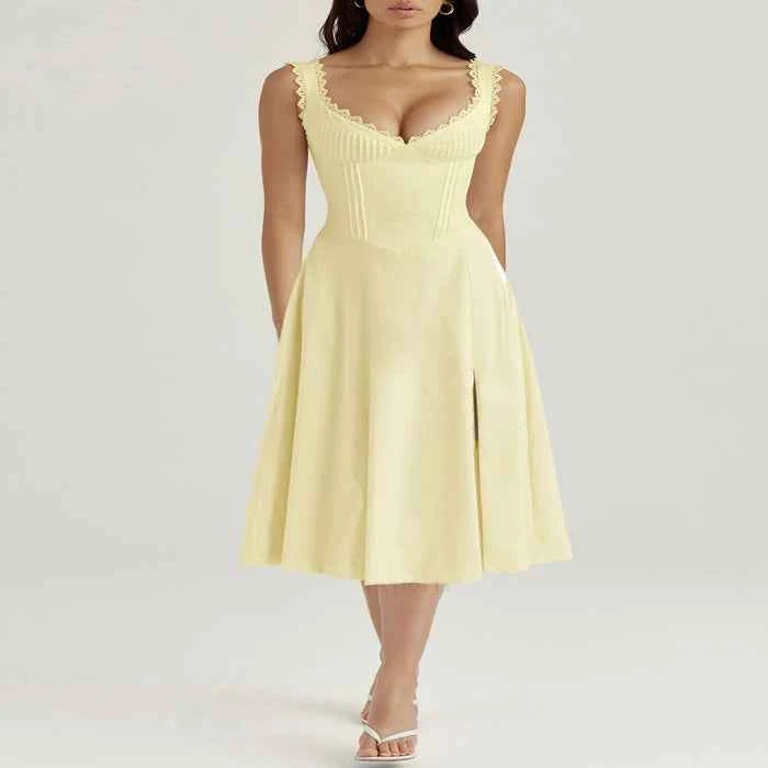 Scalloped V-neck midi dress with back lace-up — primary view Main image