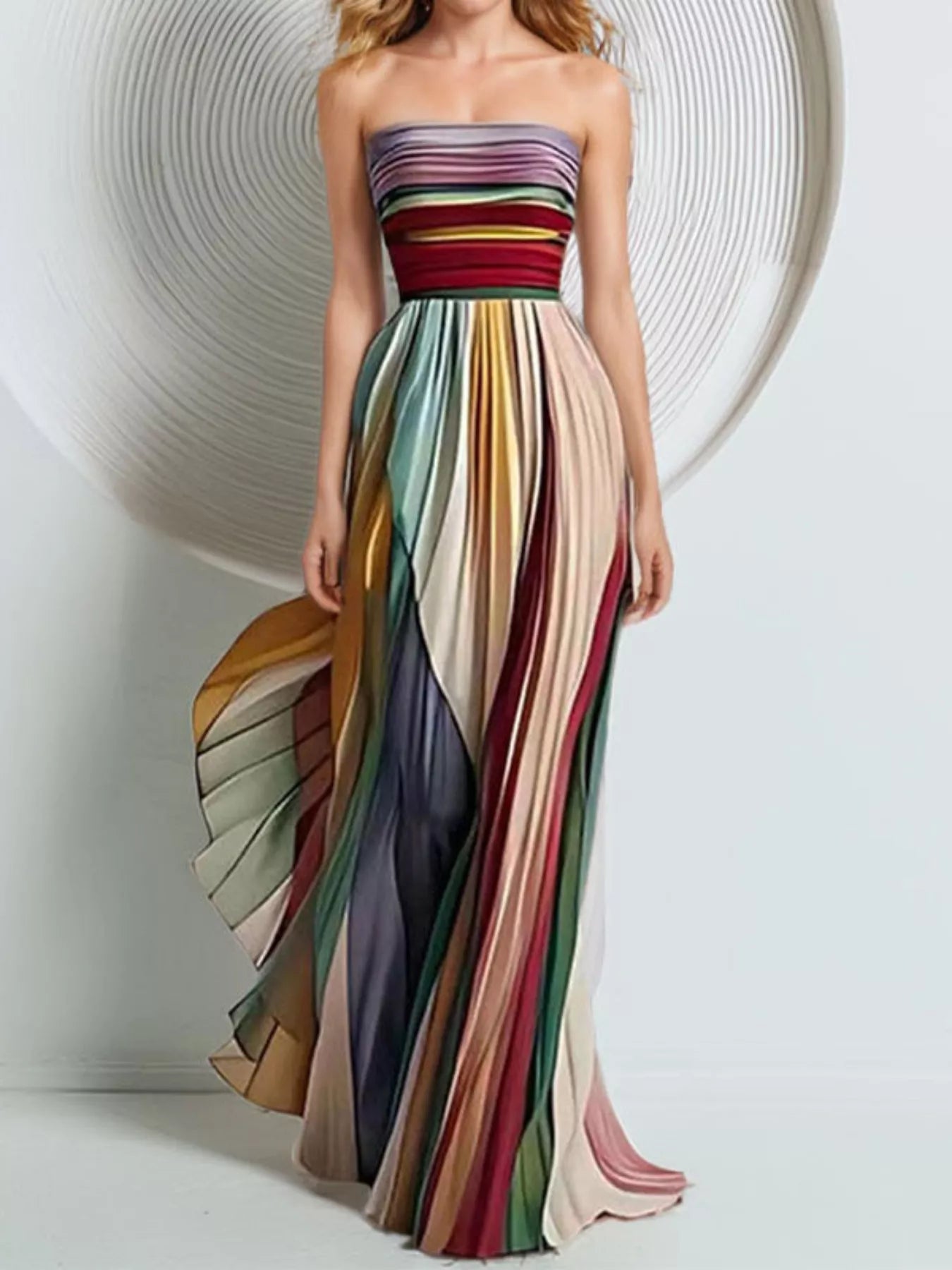 Striped Pleated Tube Maxi Dress-Maxi Dress.-Splashis-Splashis