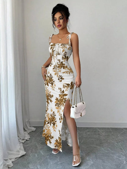 Printed Tie Strap Slit Maxi Dress-Maxi Dress.-Splashis-Color:Caramel-Size:XL-Splashis