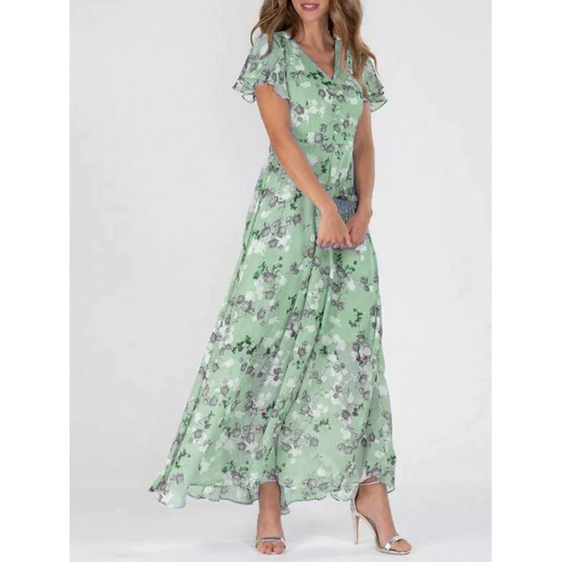 Floral Print Off-Shoulder Chiffon Maxi Dress - Splashis
