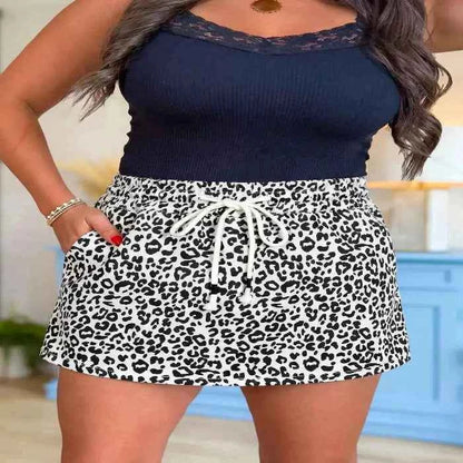 Leopard Print Tassel Drawstring Casual Denim Skort--Splashis