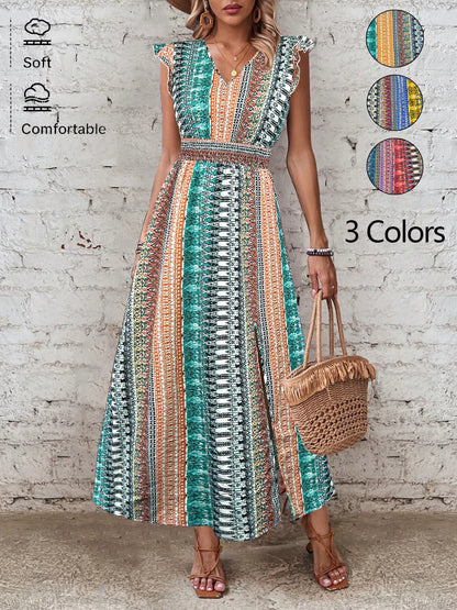 Boho Print Ruffle Sleeve Slit Dress-Casual Dresses-Splashis-Color:Peacock Blue-Size:XL-Splashis