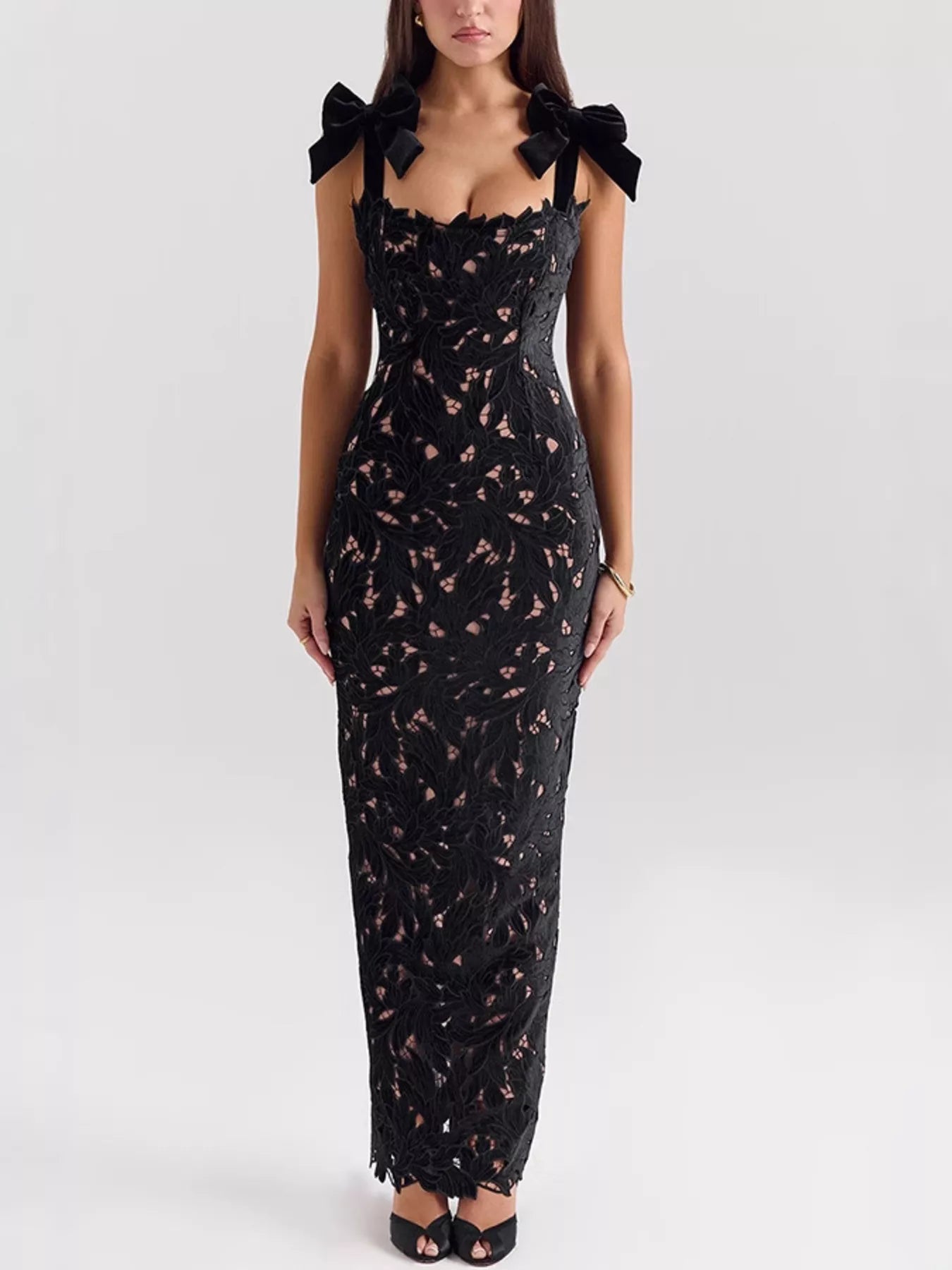 Lace Cutout Tie Shoulder Maxi Dress with Side Slit-Formal + Evening Dresses-Splashis-Splashis