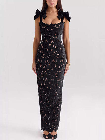 Lace Cutout Tie Shoulder Maxi Dress with Side Slit-Formal + Evening Dresses-Splashis-Splashis