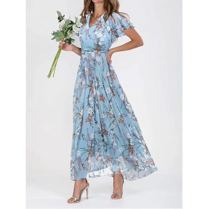 Floral Print Off-Shoulder Chiffon Maxi Dress - Splashis