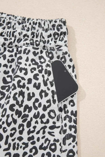 Leopard Print Tassel Drawstring Casual Denim Skort--Splashis
