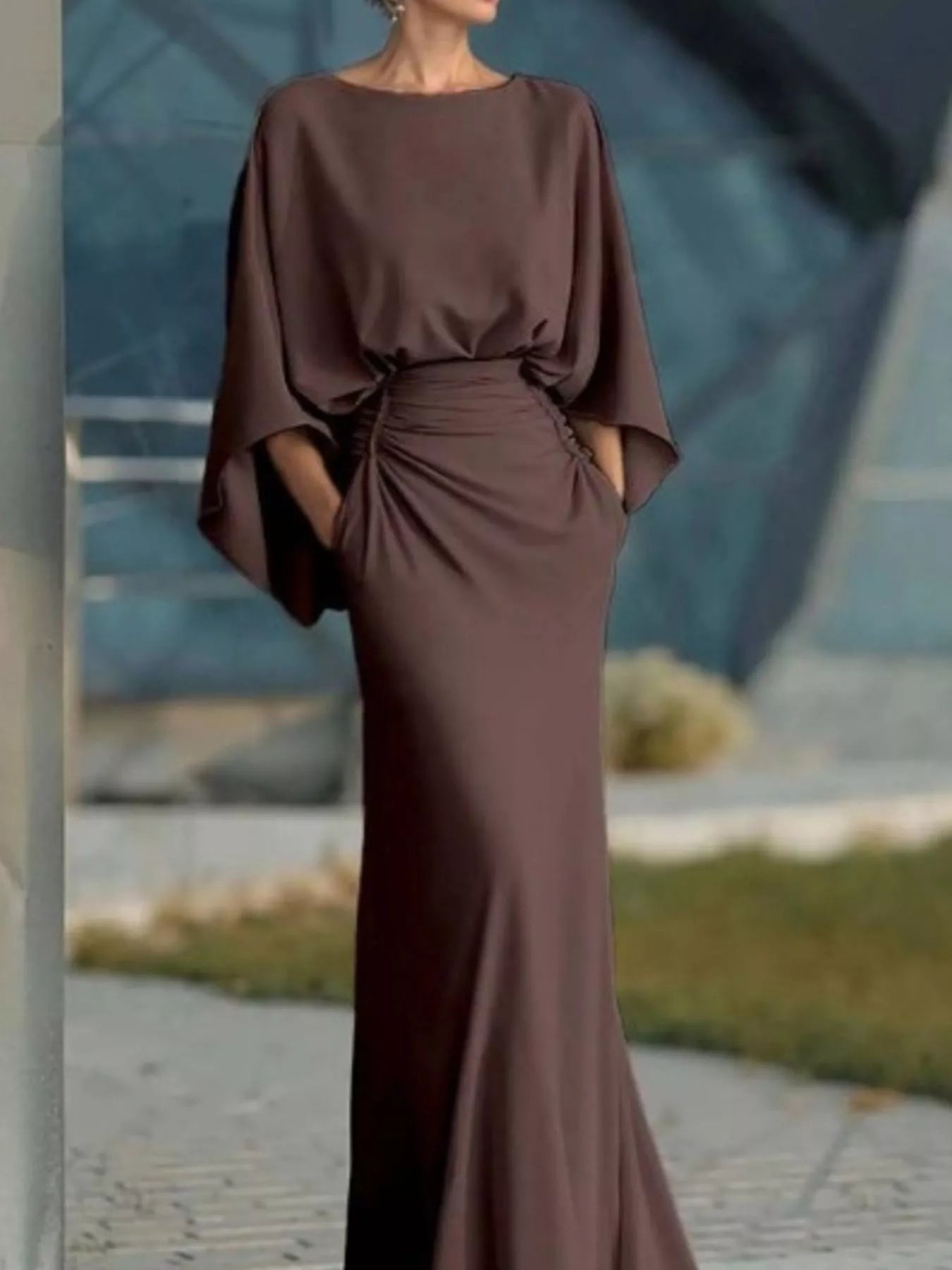 Batwing Sleeve Ruched Maxi Dress-Maxi Dress.-Splashis-Color:Brown-Size:XL-Splashis