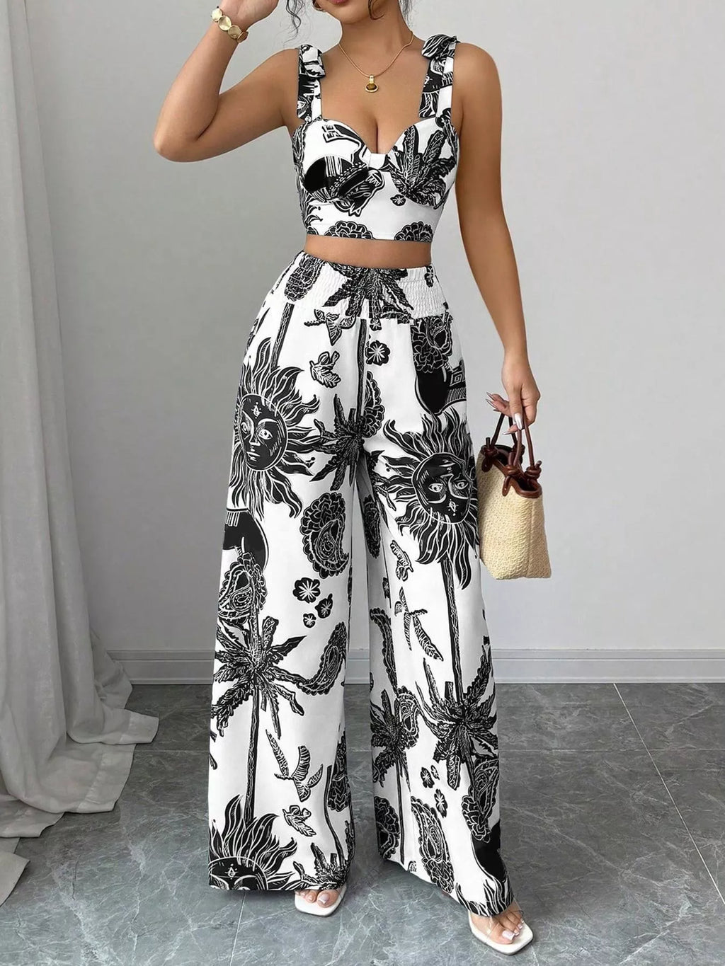 Floral Print Crop Top and Wide Leg Pants Set view 16